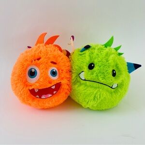 EUC Set of TWO Halloween Monster Balls Funny Cute Faces Neon Orange & Green
